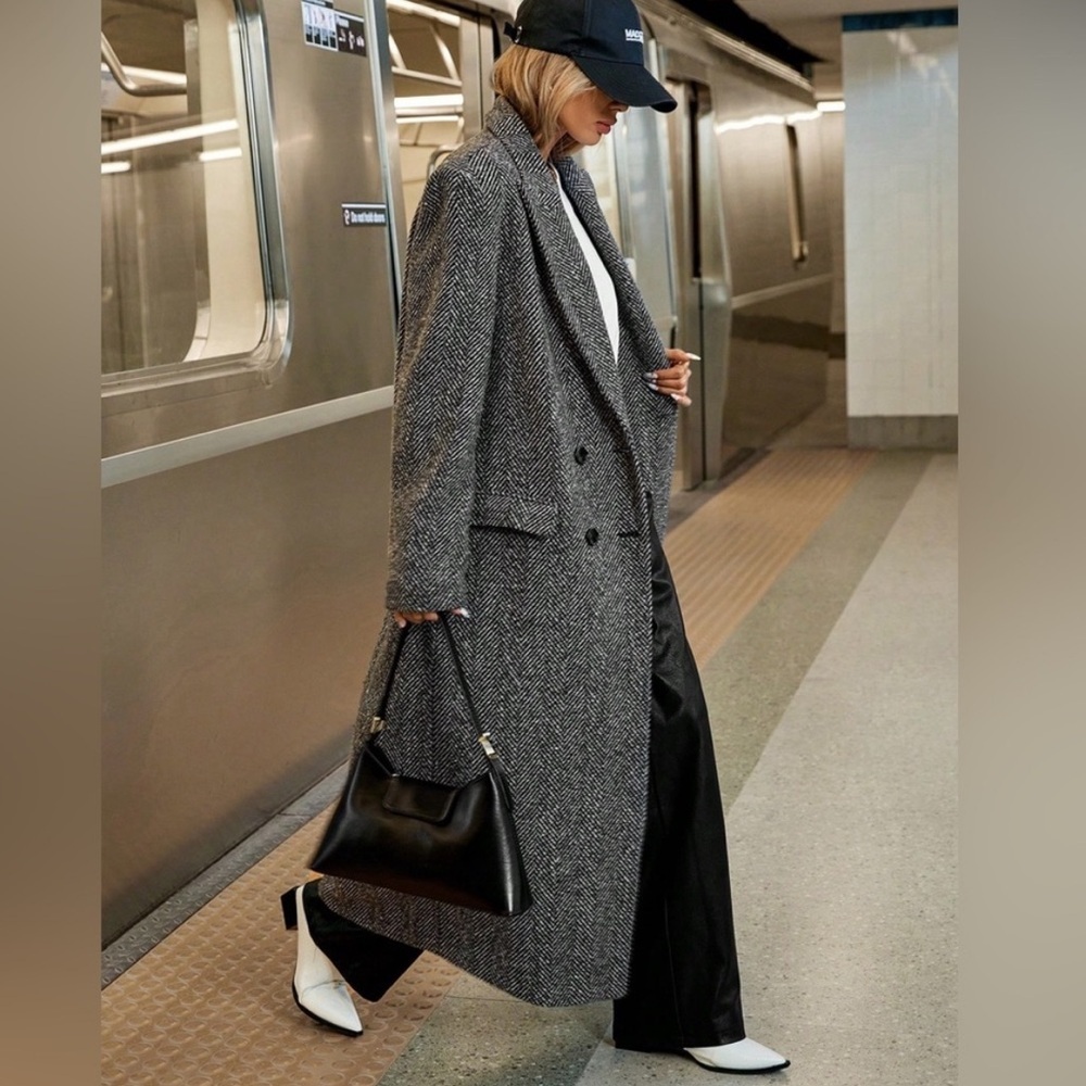 L'Academie June Coat Black White Herringbone Size S Small